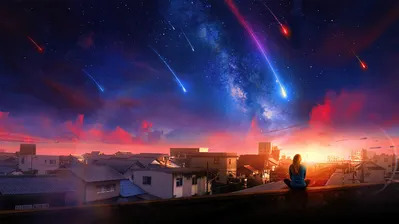 دانلود والپیپر دیجیتال آرت دختر تنها و ستاره‌ها Alone Girl Falling Star Milky Way