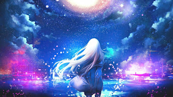 دانلود والپیپر دختر انیمه و آسمان شب Anime Girl Night Sky