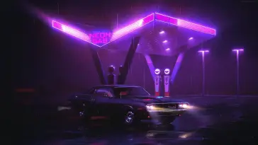 دانلود والپیپر متحرک ماشین – خودرو در پمپ‌بنزین نئون Car in Neon Gas Station