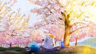 دانلود والپیپر متحرک گربه در کنار شکوفه‌های گیلاس Cat and Cherry Blossoms