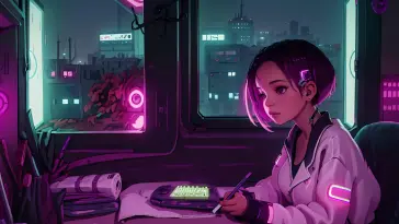 دانلود والپیپر متحرک دختر سایبرپانک در حال یادگیری Cyberpunk Girl Learning