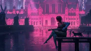 دانلود والپیپر متحرک سایبرپانک دختر در حال گیتار زدن Cyberpunk Girl Playing Guitar