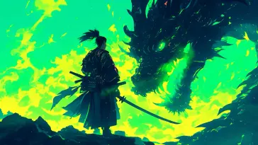 دانلود والپیپر متحرک سامورایی و اژدها در آتش زمردین – Emerald Inferno: Samurai and Dragon