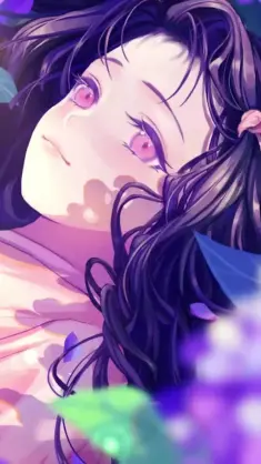 دانلود والپیپر متحرک نزوکا Kamado Nezuko در میان گل‌های بنفش Demon Slayer